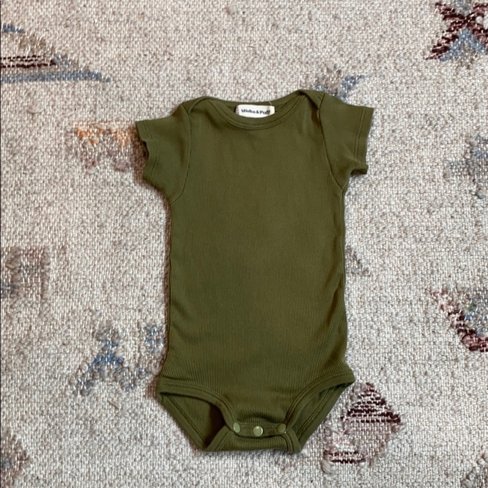 Misha and Puff olive green onesie. 6-12 months